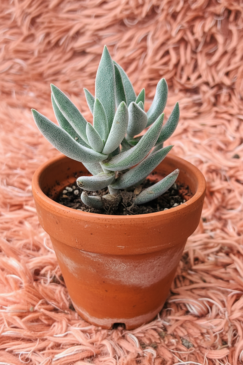 Velvet Senecio Cocoon Plant in terracotta pot - front view