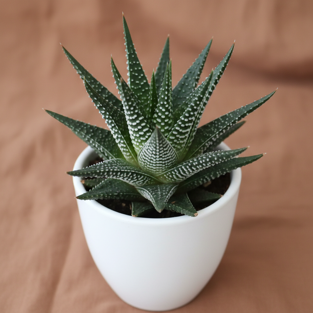 Haworthia Reinwardtii in white ceramic pot – 45 degree angle
