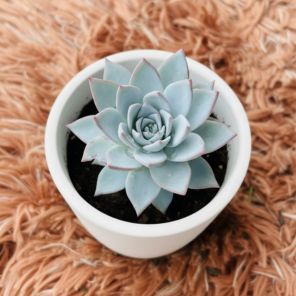 Echeveria Blue Bird in white ceramic pot – top down