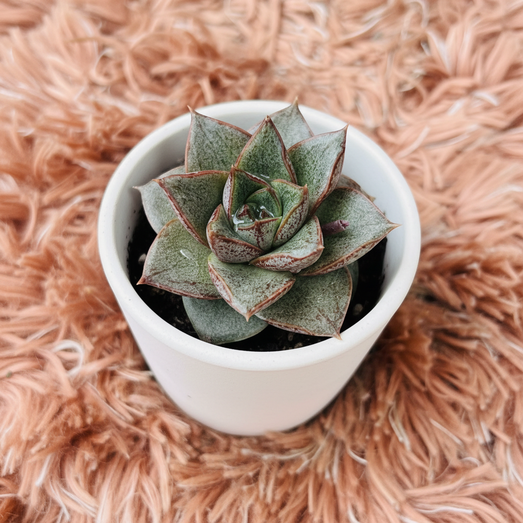 Echeveria Nodulosa Painted Lady in white ceramic pot on pink fur background – angle view