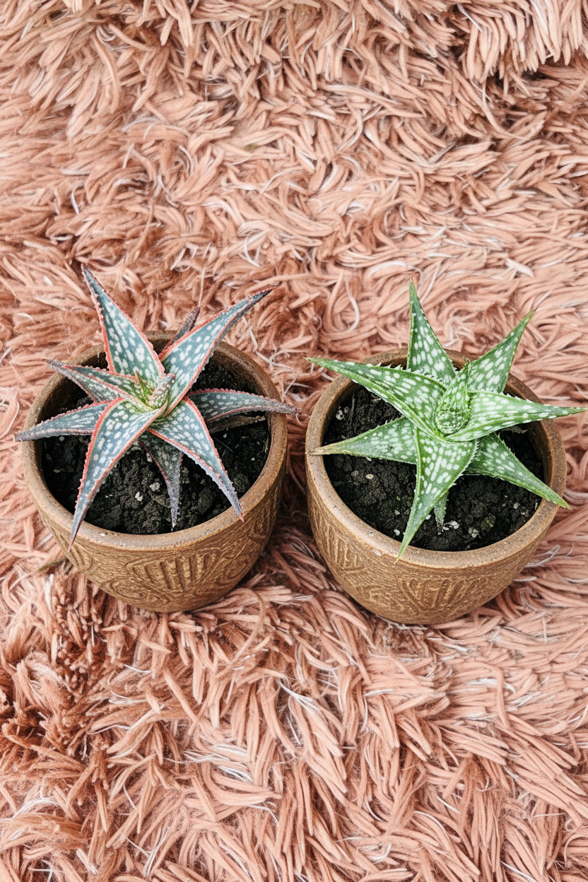 Aloe Aristata and Brevifolia Set in Ceramic Brown Pot - Top View