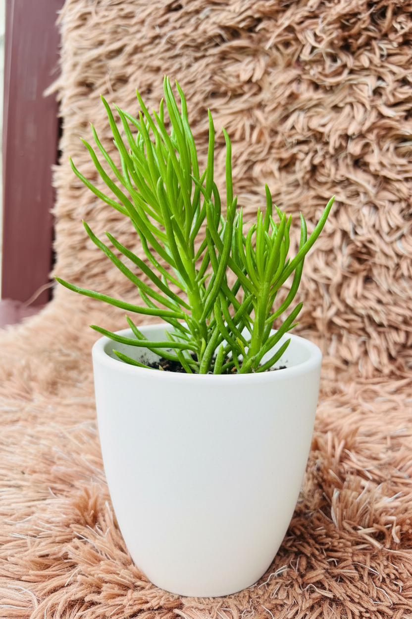Senecio cylindricus three-quarter view in white ceramic pot on pink rug