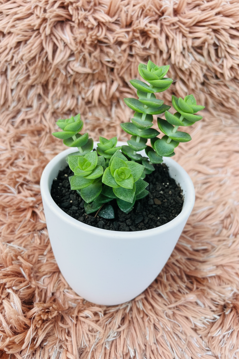 Crassula Tom Thumb three-quarter view in white ceramic pot on pink rug