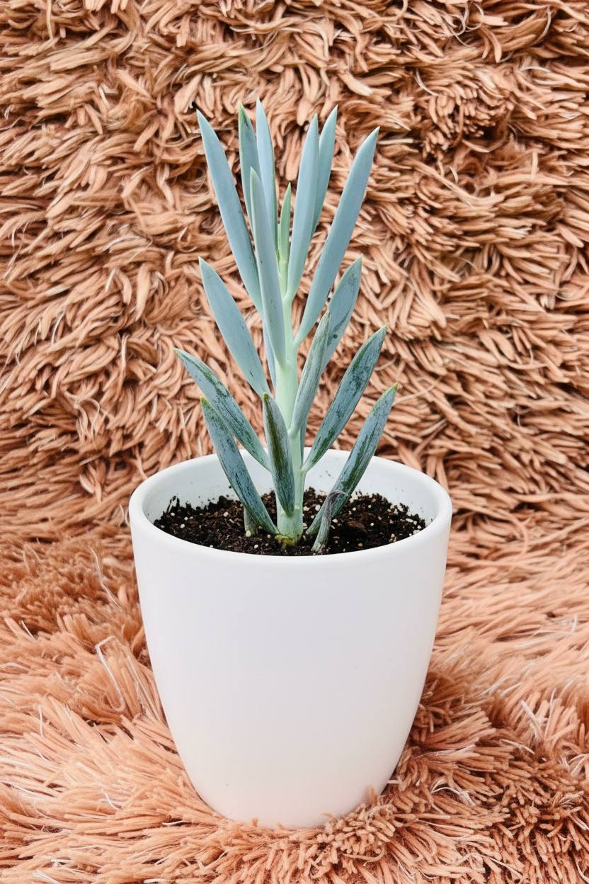 Senecio mandraliscae blue chalksticks three-quarter view in white ceramic pot