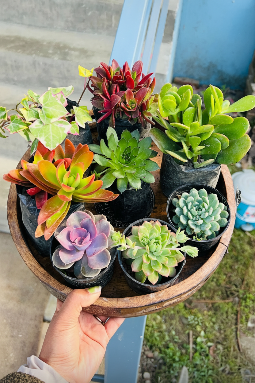 8 Colourful Succulent Combo in Round Wooden Tray Angled View