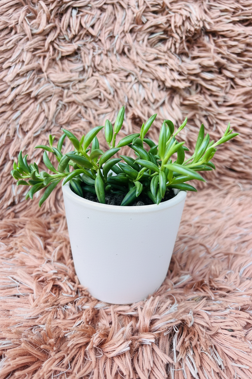 String of Bananas small plant front view in white ceramic pot on pink rug