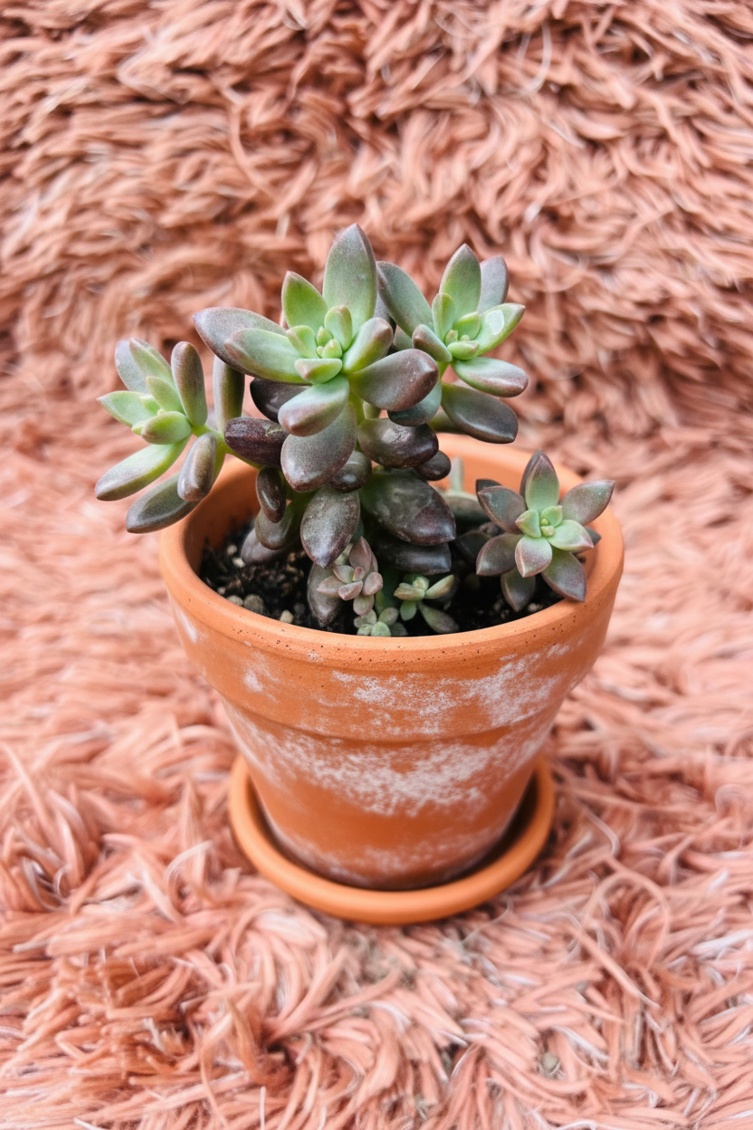 Graptosedum Francesco Baldi in terracotta pot - pink rug background