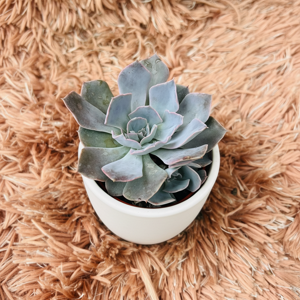 Echeveria Lilacina Ghost Echeveria in white ceramic pot on pink fur background – angle view