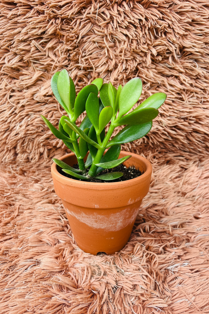 Crassula Ovata Jade Plant in terracotta pot - pink rug background top view