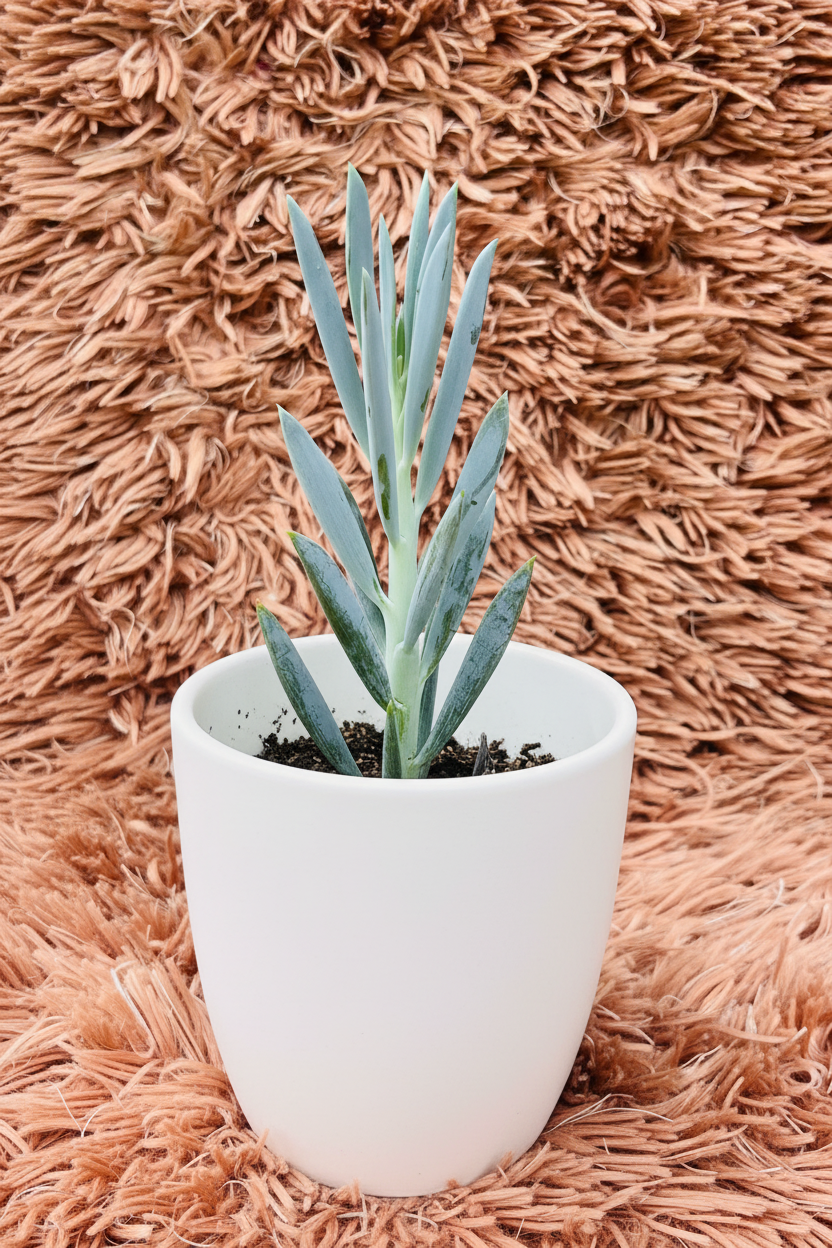 Senecio mandraliscae blue chalksticks elevated angle view in white ceramic pot