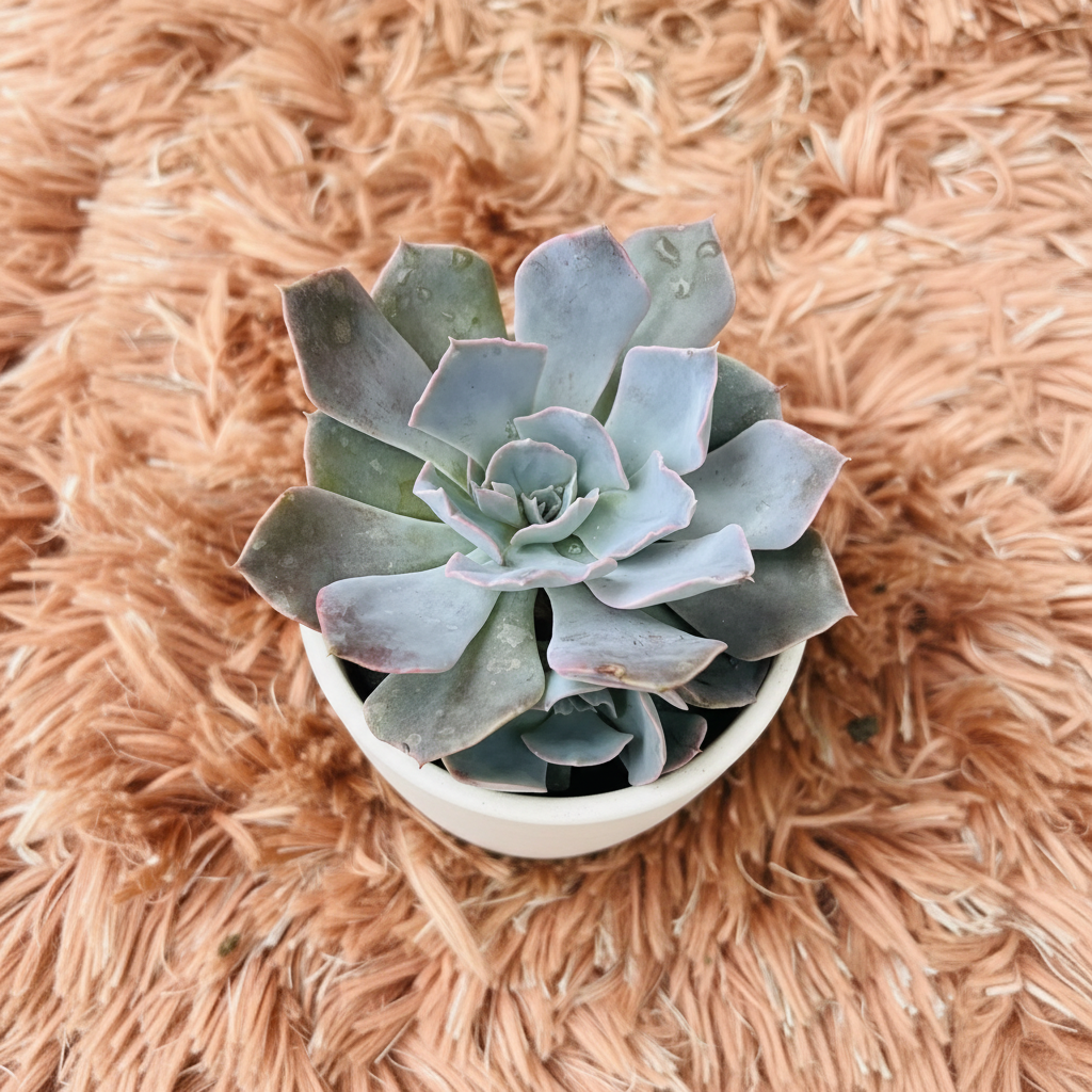 Echeveria Lilacina Ghost Echeveria in white ceramic pot on pink fur background – top down view