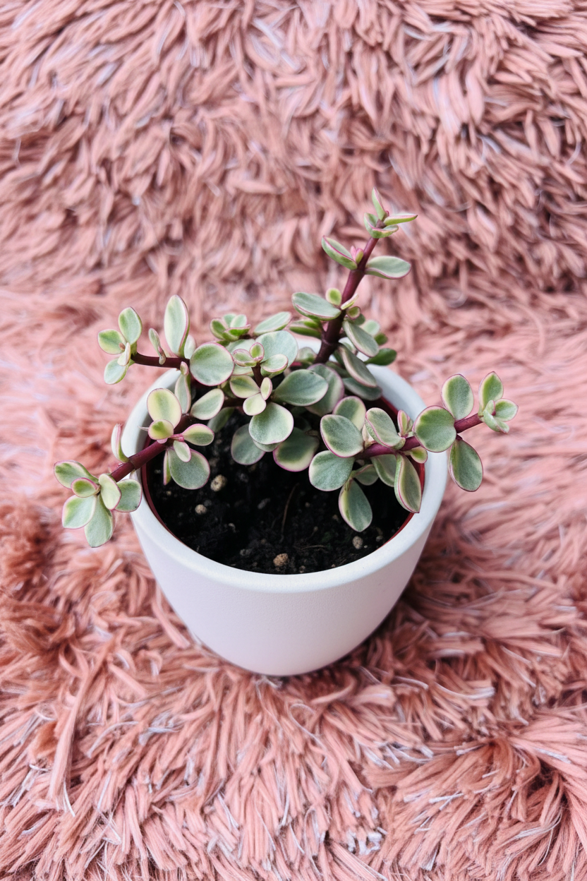 Portulacaria afra variegata rainbow bush top-down view in white ceramic pot on pink rug