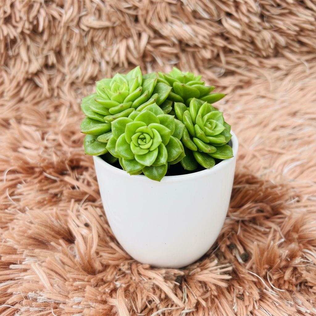 Echeveria Green Multi Rosette in white ceramic pot – side angle