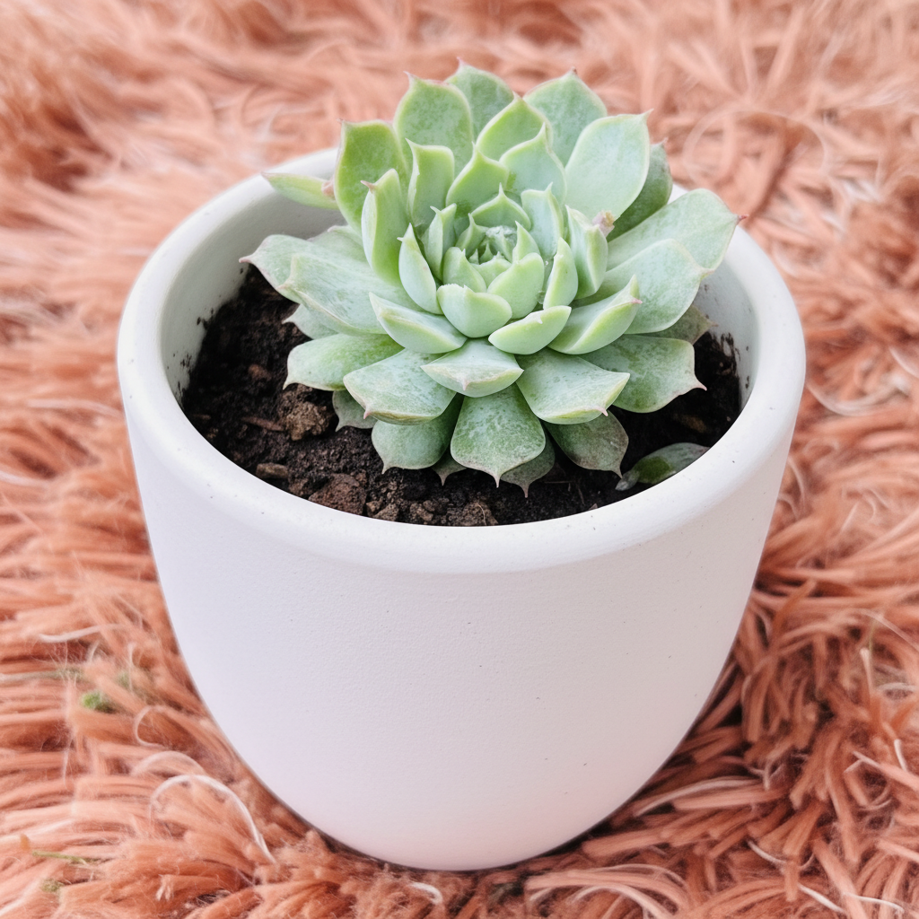 Echeveria Lola in white ceramic pot – side angle