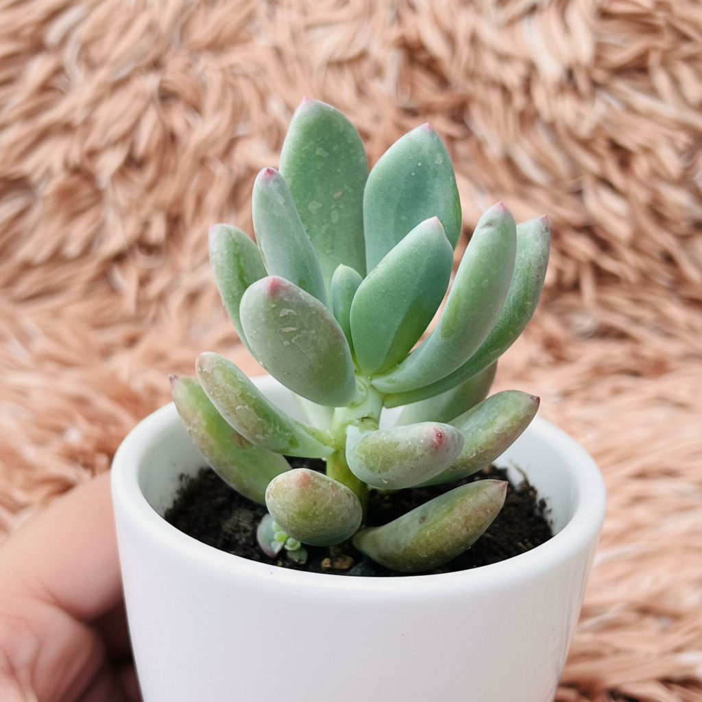 Pachyphytum Hookeri in white ceramic pot – 45 degree angle