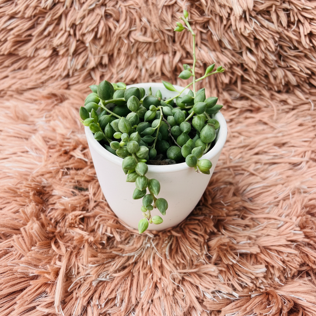 String of Tears succulent in white ceramic pot on pink fur background – front view