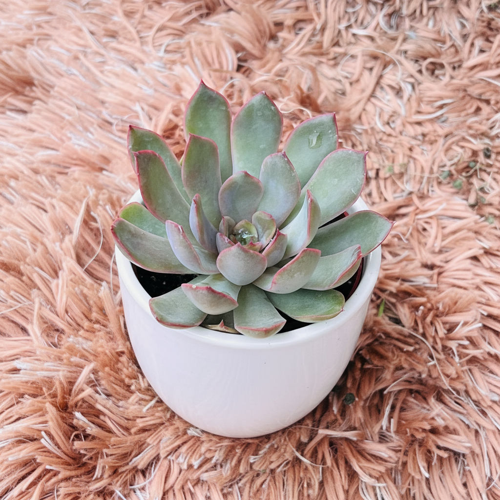Echeveria Colorata in white ceramic pot – overhead