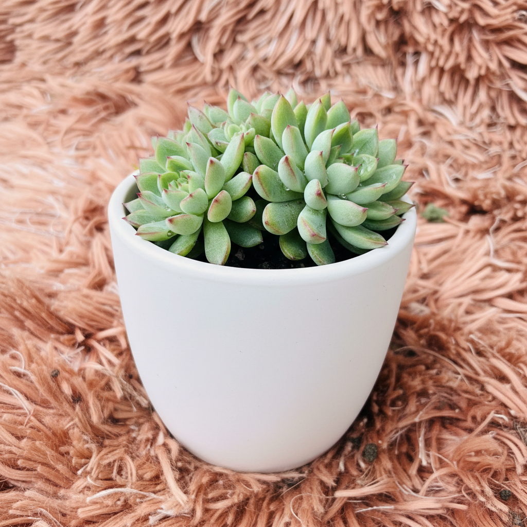 Echeveria Agavoides in white ceramic pot – side angle