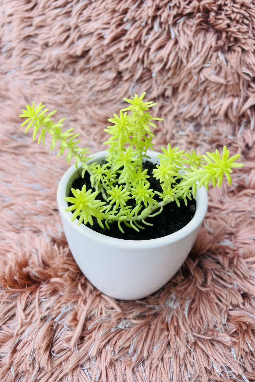 Sedum mexicanum three-quarter view in white ceramic pot on pink rug
