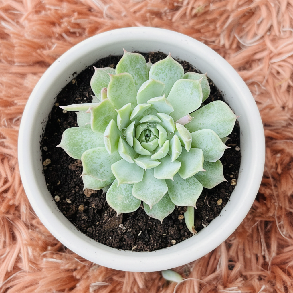 Echeveria Lola in white ceramic pot – top down