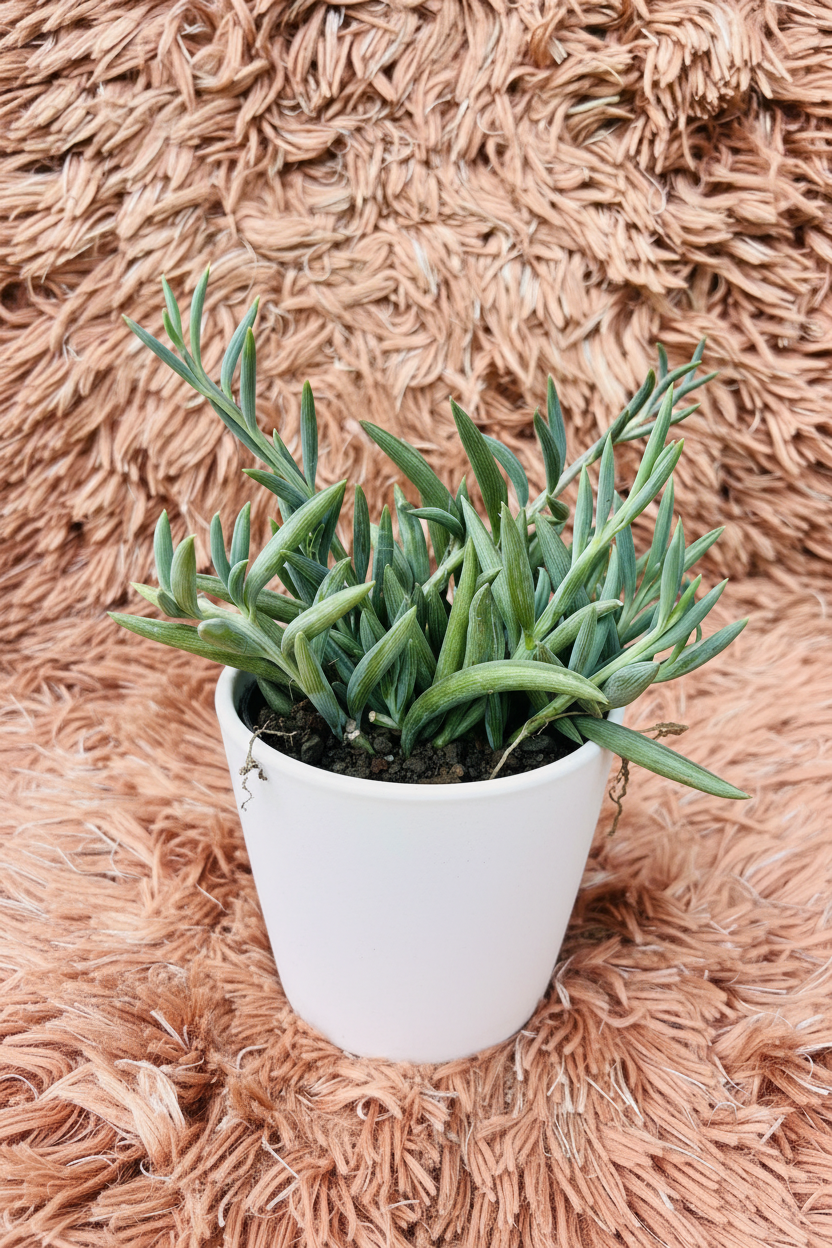 String of Bananas front side view in white ceramic pot on pink rug