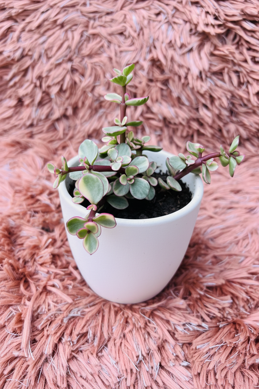 Portulacaria afra variegata rainbow bush side angle view in white ceramic pot