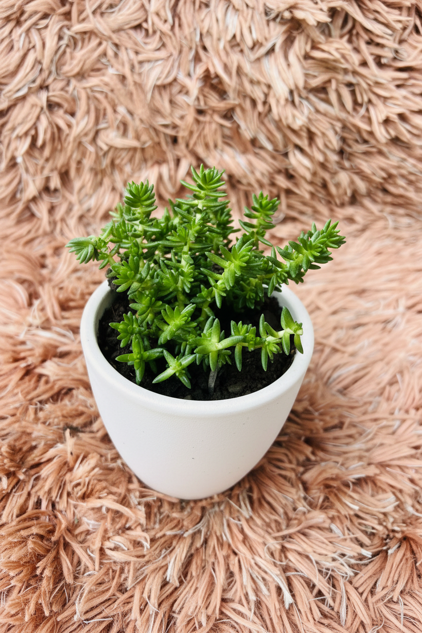 Crassula muscosa watch chain plant top-down view in white ceramic pot on pink rug