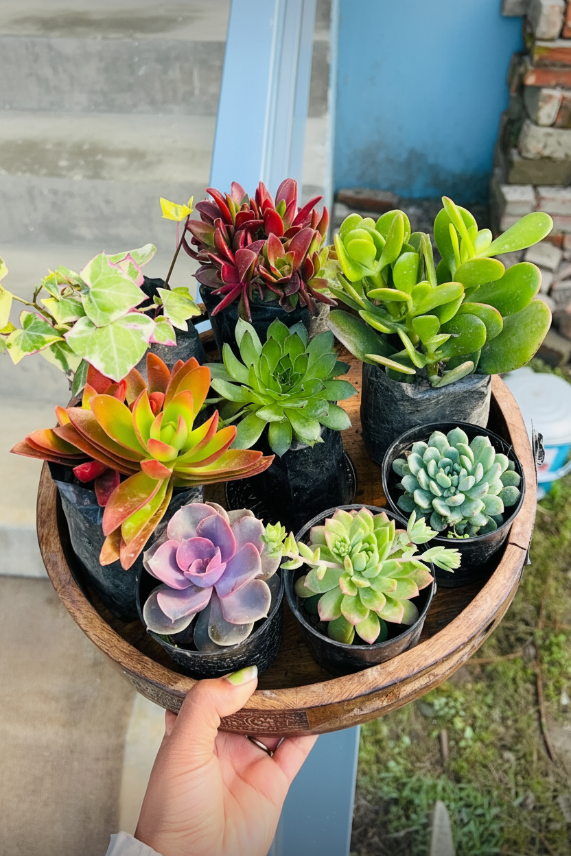 8 Colourful Succulent Combo in Round Wooden Tray Top View