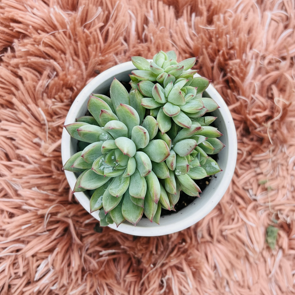 Echeveria Agavoides in white ceramic pot – top down