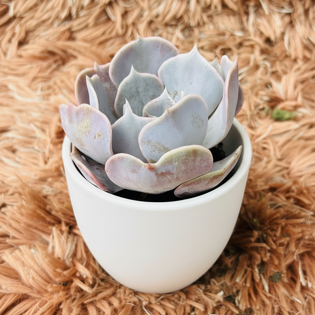 Echeveria Lavender Rose in white ceramic pot – angle view