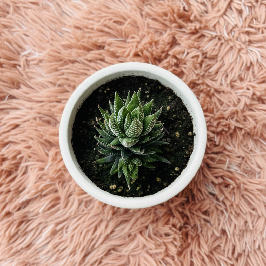 Haworthia Fasciata Zebra Plant in white ceramic pot on pink fur background – top down view