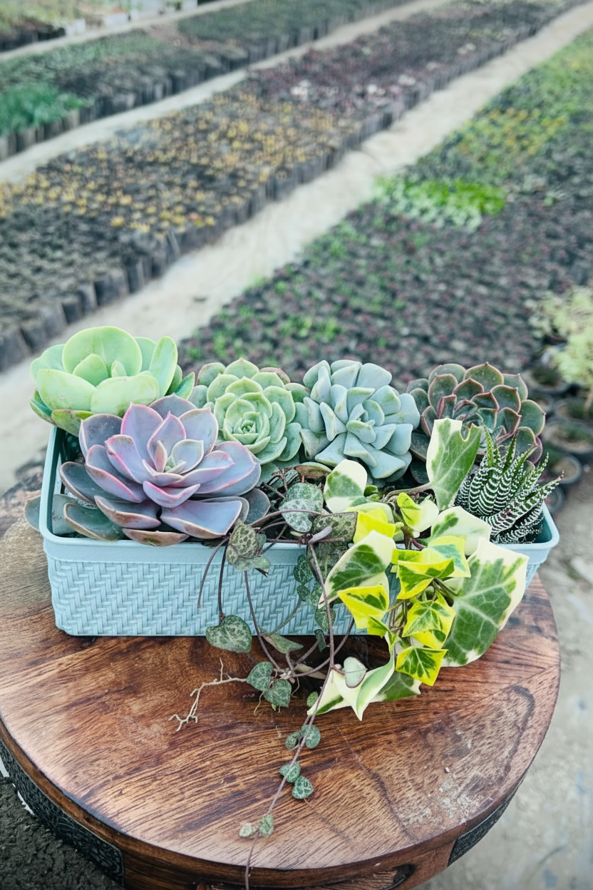 8 Plants Mixed Combo in Light Blue Basket