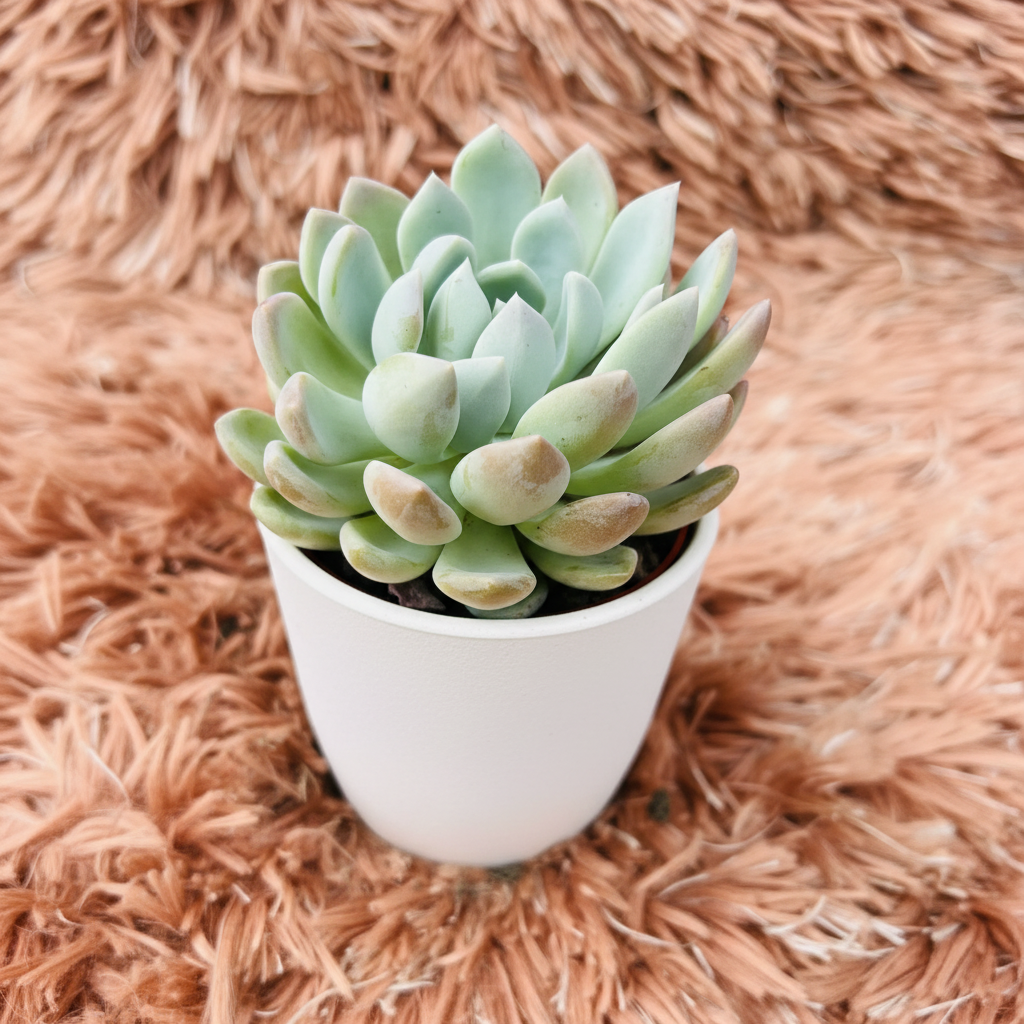 Echeveria Mebina dome rosette in white ceramic pot on pink fur background – three quarter view