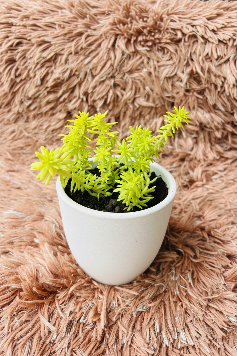 Sedum mexicanum neon yellow front view in white ceramic pot on pink rug