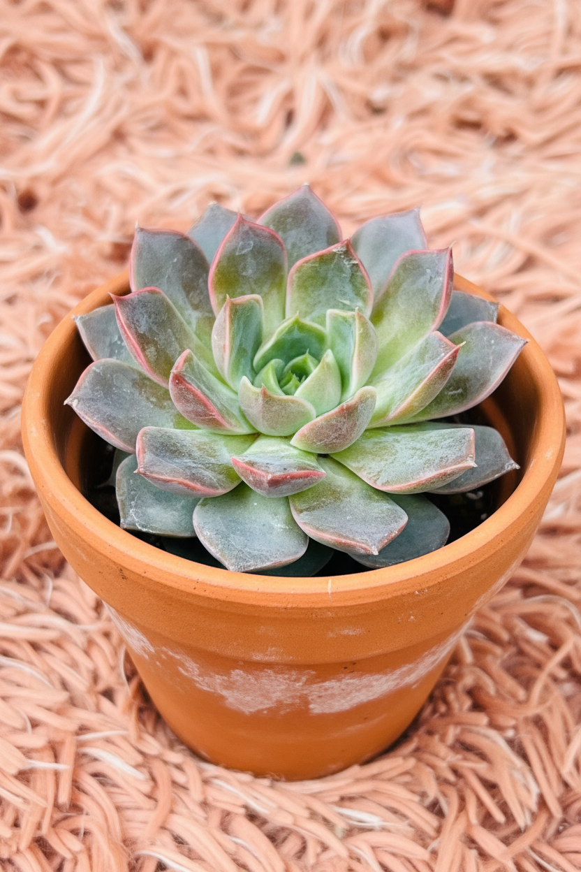 Echeveria Orion in terracotta pot - angled view pink rug background