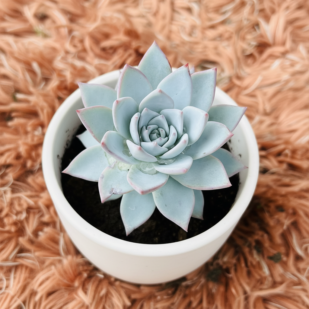 Echeveria Blue Bird in white ceramic pot – top view