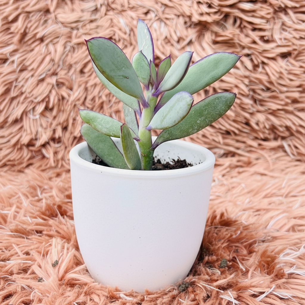 Crassula Purple Haze in white ceramic pot – side view