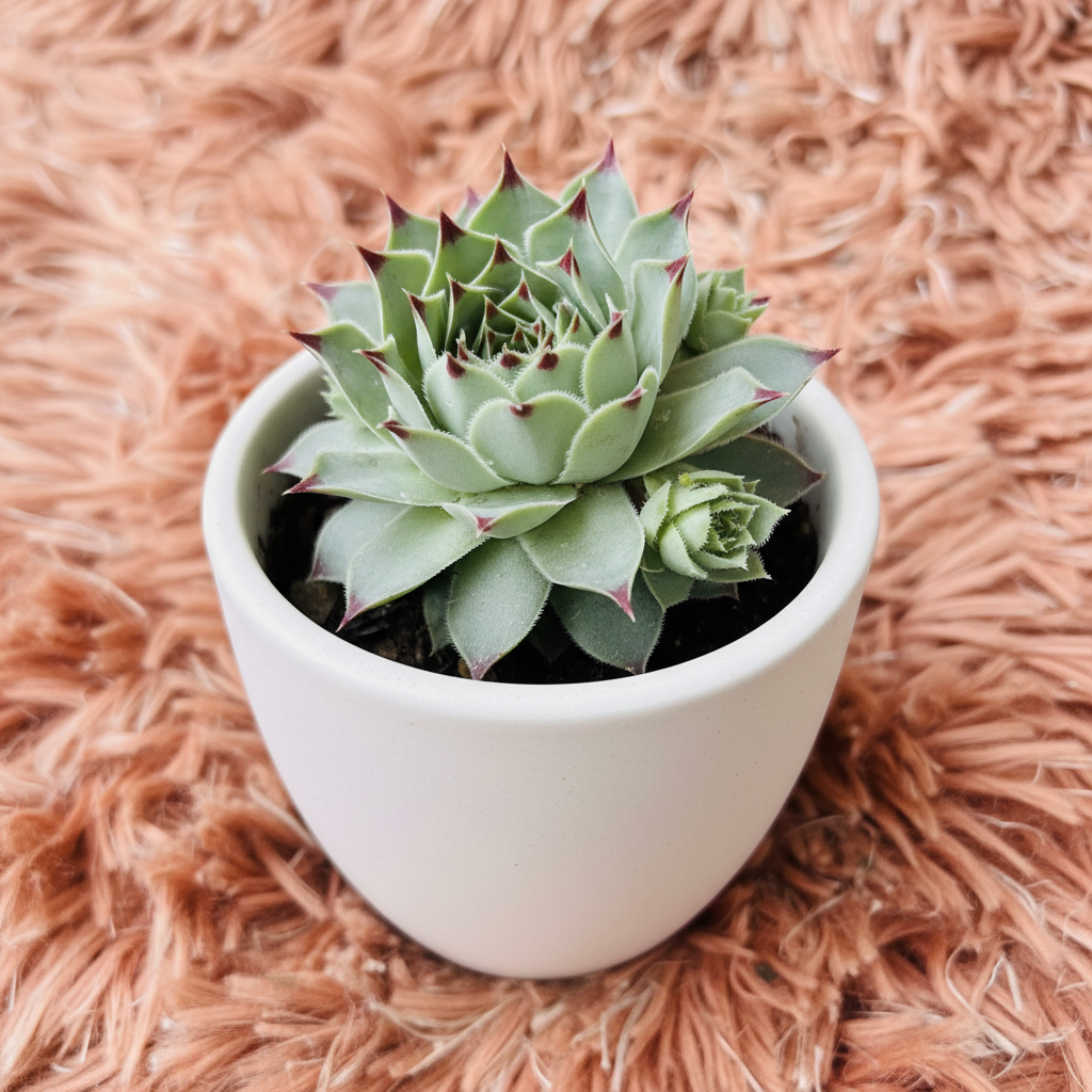 Sempervivum Arachnoideum Cobweb Houseleek in white ceramic pot on pink fur background – three quarter view
