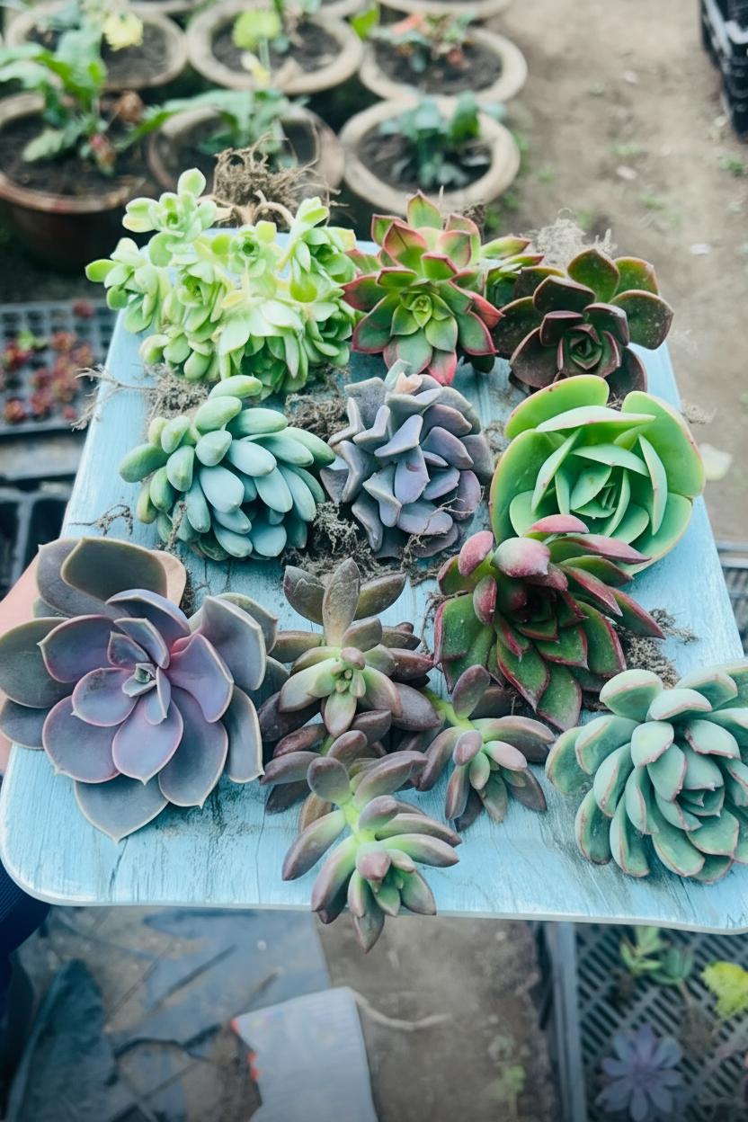 Combo of 10 assorted succulents including Pachyphytum moonstones, rose-shaped Echeveria and purple varieties on a blue wooden tray