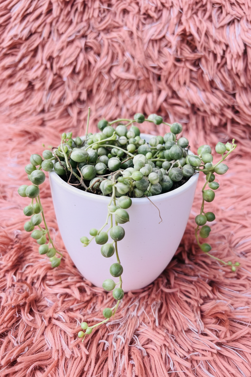 Variegated string of pearls side angle view in white ceramic pot