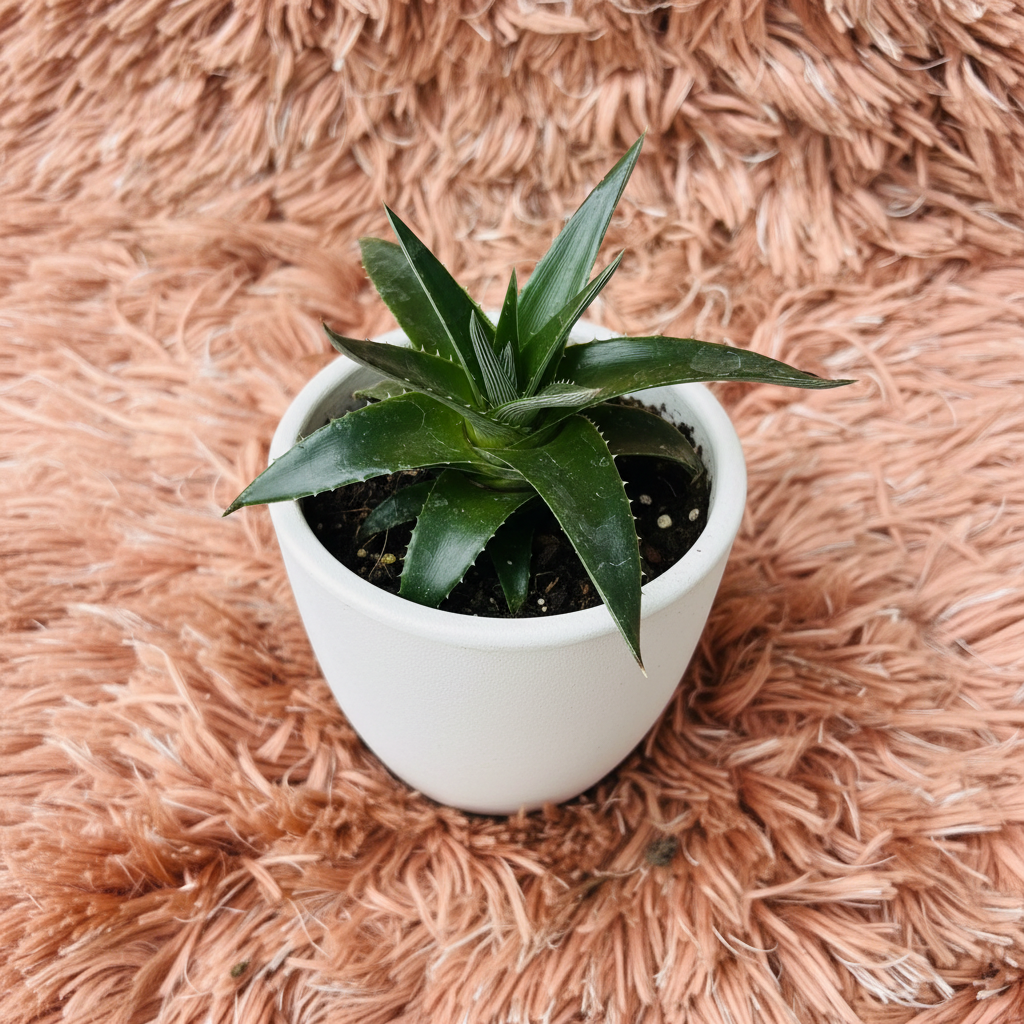 Dyckia Star Bromeliad in white ceramic pot on pink fur background – side angle view