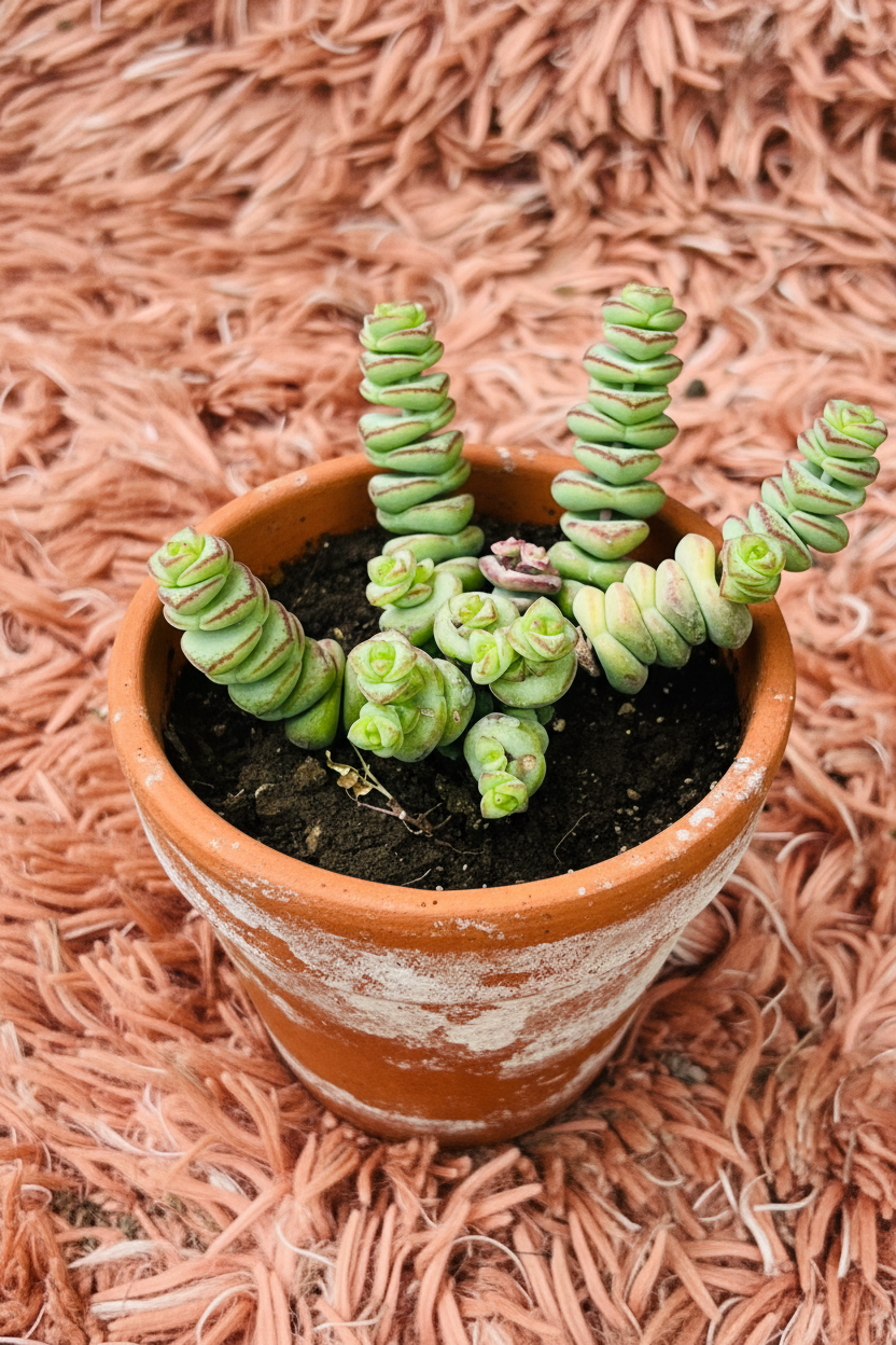 Jade Necklace Crassula Marnieriana in terracotta pot - top view