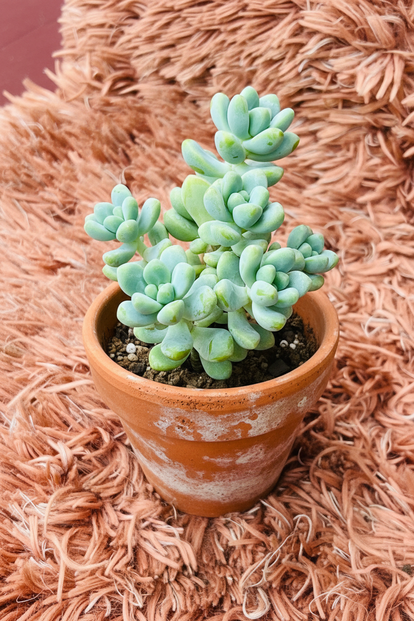 Pachyphytum Oviferum Moonstones in terracotta pot - pink rug background side view