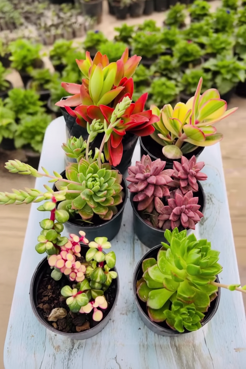 6 Fiery Succulent Combo Top View on Blue Wooden Board