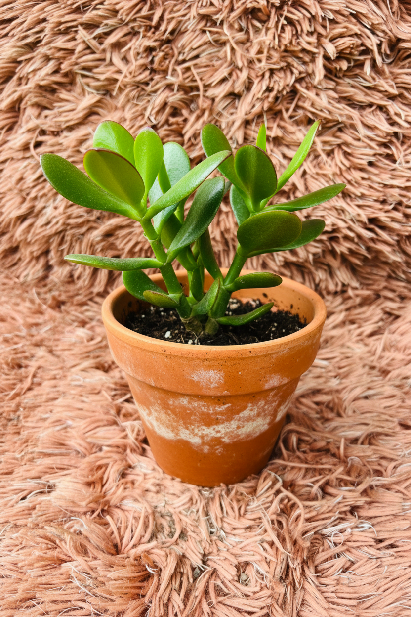Crassula Ovata Jade Plant in terracotta pot - pink rug background side view