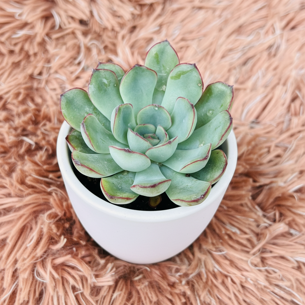Echeveria Colorata in white ceramic pot on pink fur background – angle view
