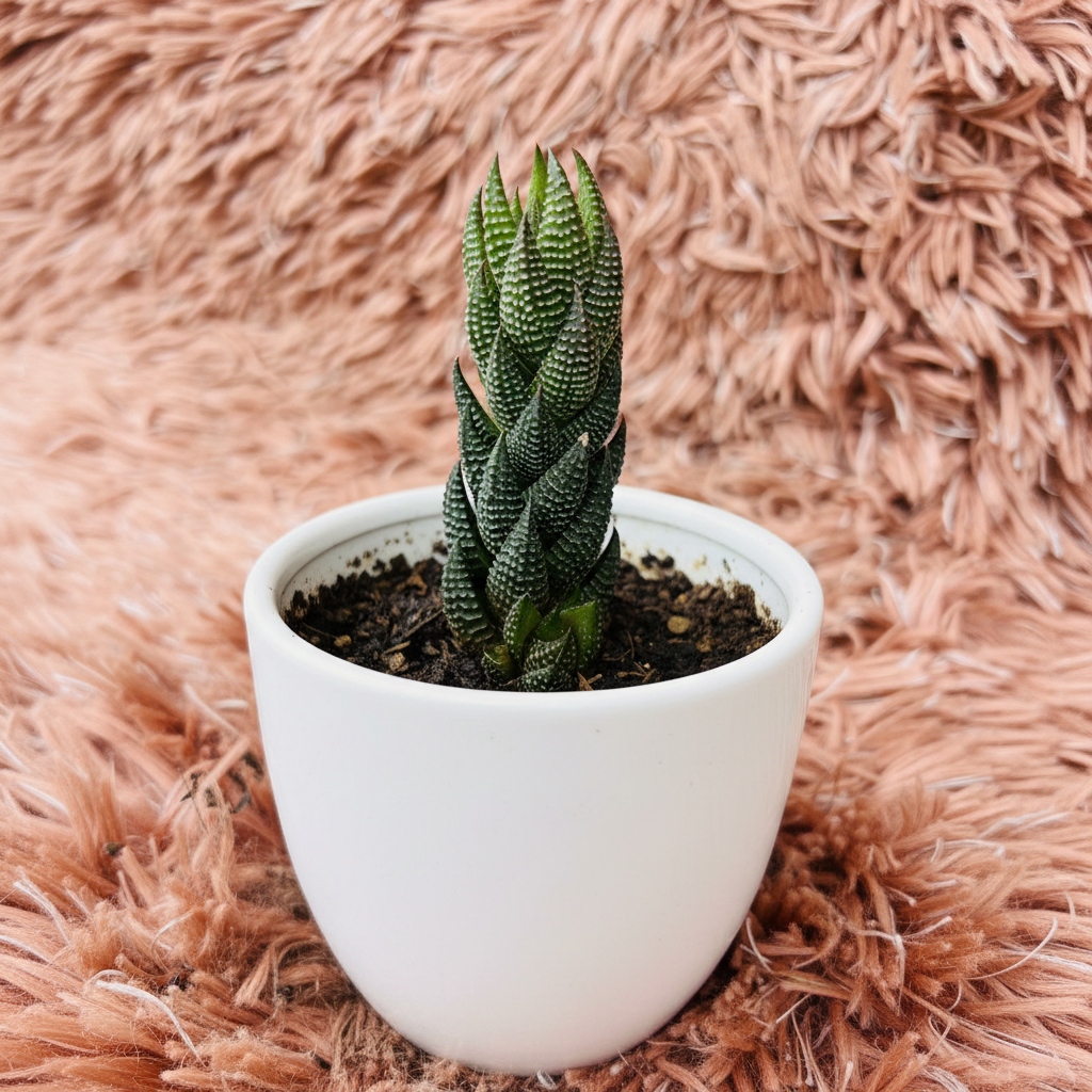Haworthia Pumila in white ceramic pot – side view