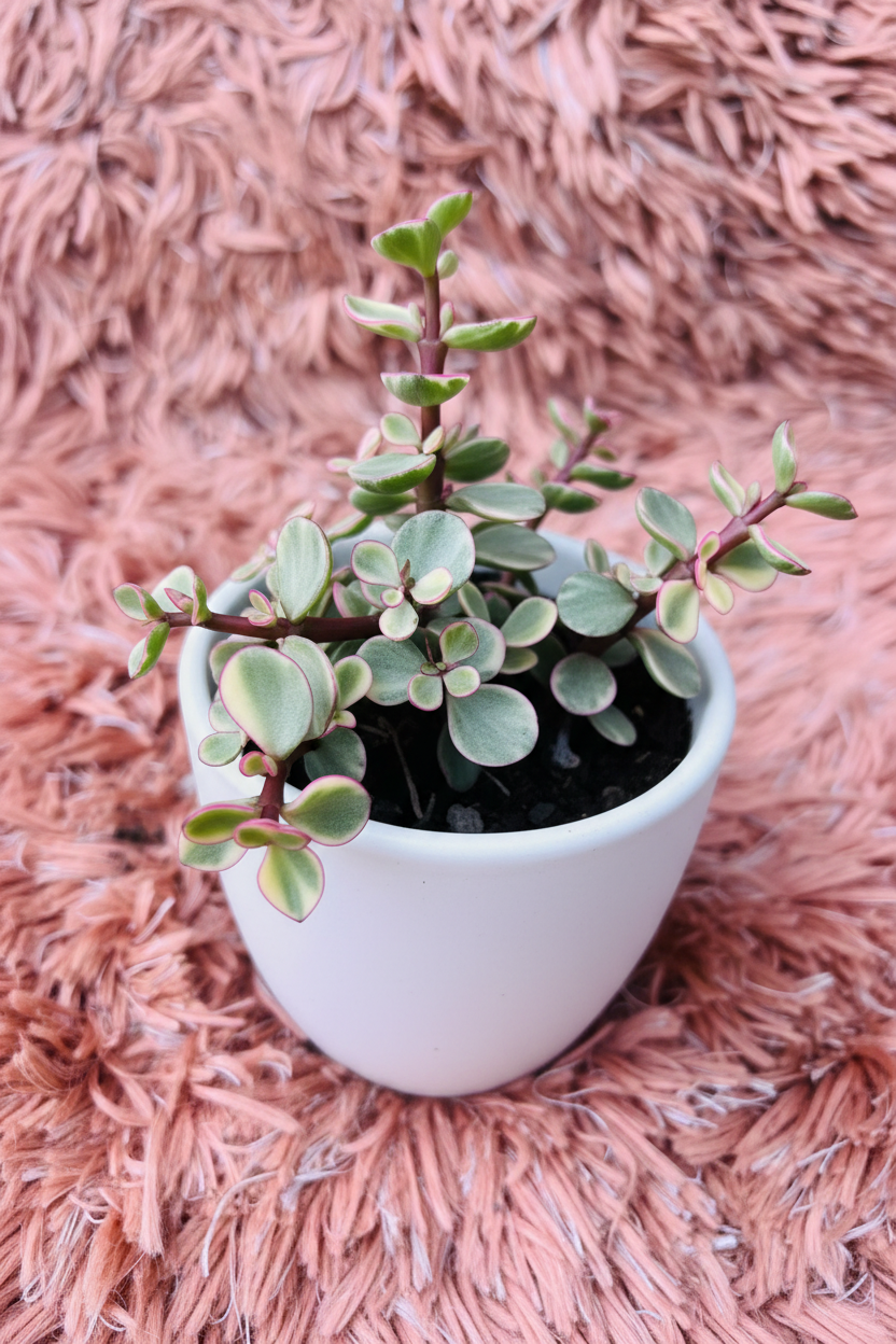 Portulacaria afra variegata rainbow bush three-quarter view in white ceramic pot on pink rug