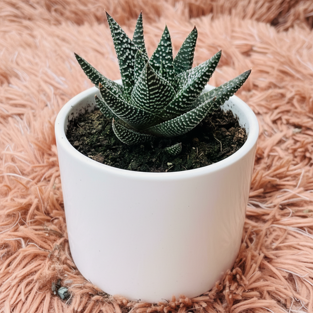 Haworthia Reinwardtii in white ceramic pot – side angle