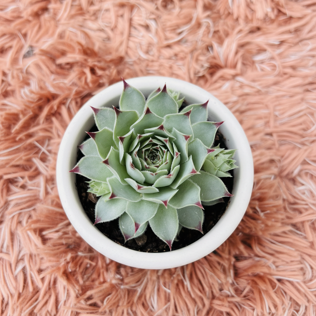 Sempervivum Arachnoideum Cobweb Houseleek in white ceramic pot on pink fur background – top down view